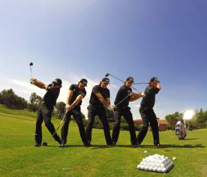 In this swing sequence of Phil Mickelson you can see how he's synching his upper body with his hands. He has a very classical swing so he stays behind his lower body throughout the swing.